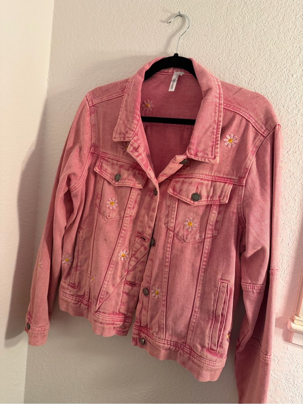Pink Embroidered Daisy Denim Jacket - Women